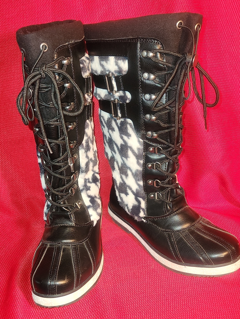 JustFab Black and White Houndstooth Lace-Up Tall Winter Boots